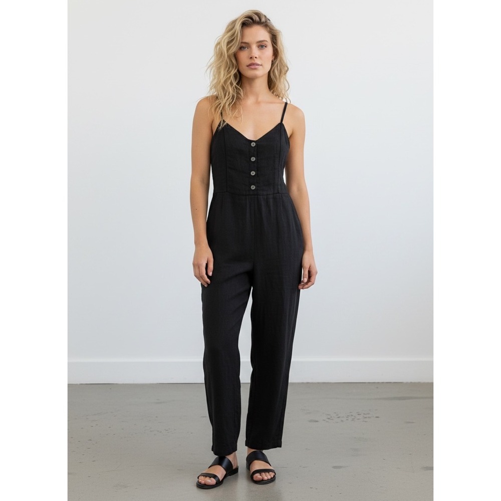 Madewell Black 100% Linen Button Front Smocked Back Wide Leg Jumpsuit Size 00